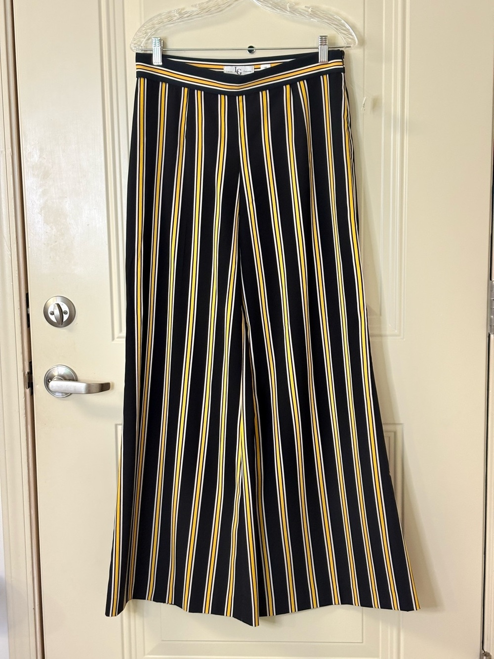 NWT LENA GABRIELLE BLACK YELLOW WHITE STRIPED WIDE LEG PANTS SZ 10 $149